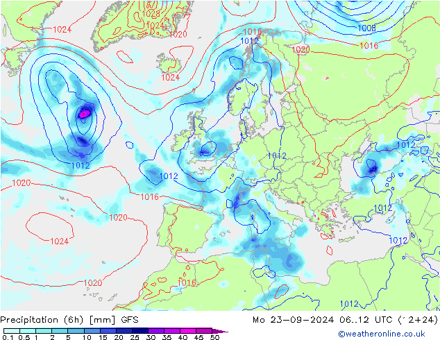 Precipitazione (6h) GFS lun 23.09.2024 12 UTC