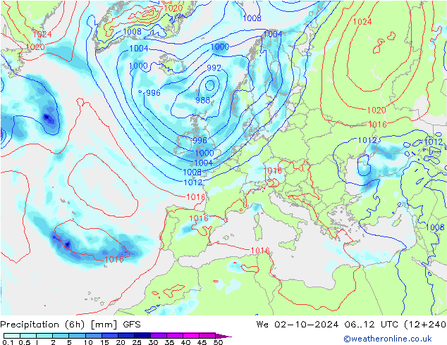 Z500/Rain (+SLP)/Z850 GFS We 02.10.2024 12 UTC