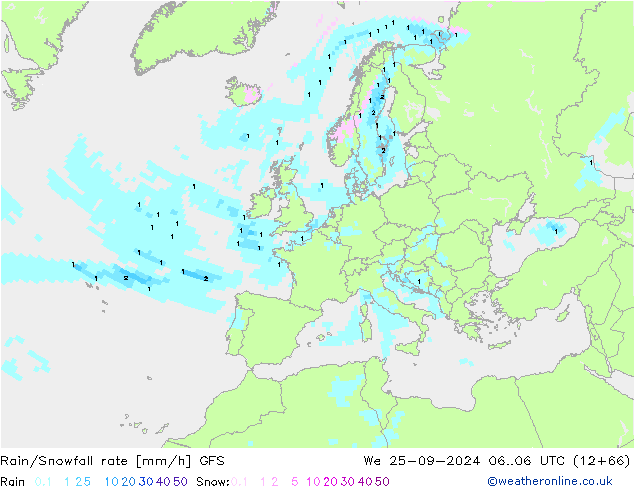 Rain/Snowfall rate GFS We 25.09.2024 06 UTC