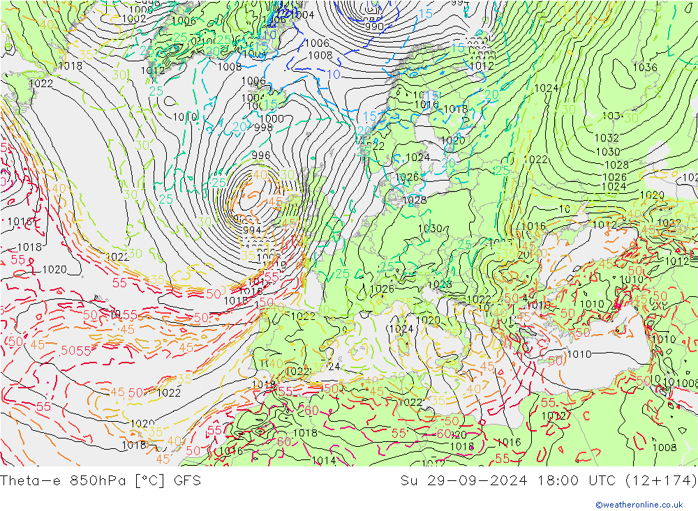 Theta-e 850hPa GFS dom 29.09.2024 18 UTC