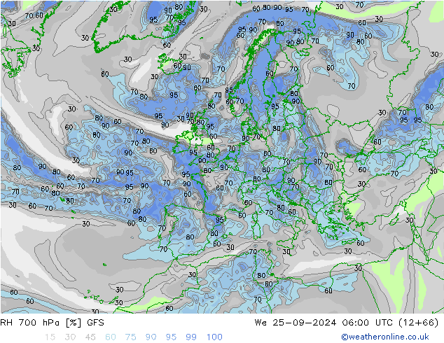 RH 700 hPa GFS Mi 25.09.2024 06 UTC