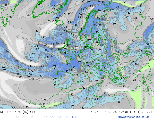 RH 700 hPa GFS We 25.09.2024 12 UTC