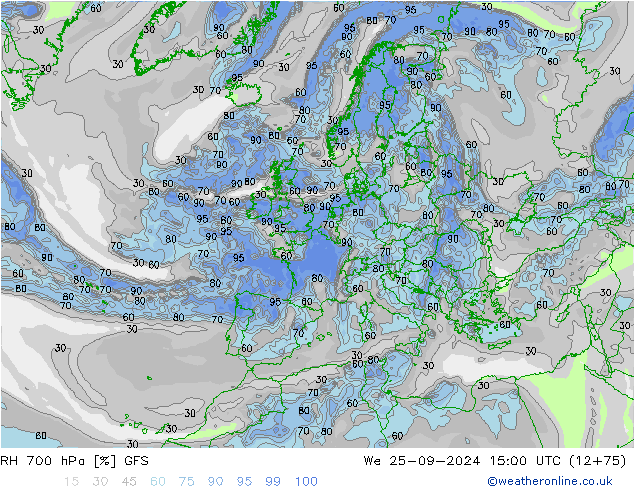 RH 700 hPa GFS We 25.09.2024 15 UTC