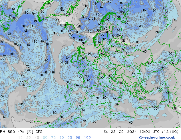 RH 850 hPa GFS 星期日 22.09.2024 12 UTC