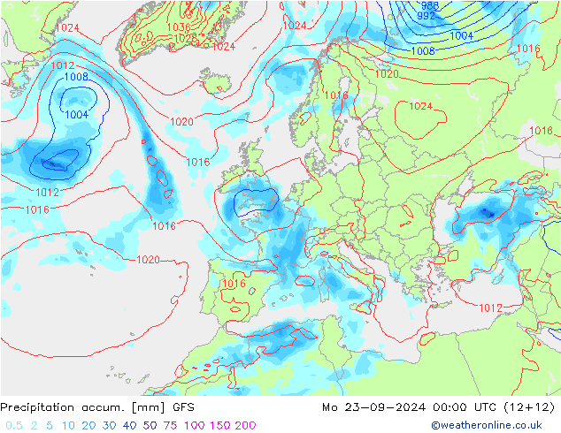 Precipitation accum. GFS Mo 23.09.2024 00 UTC