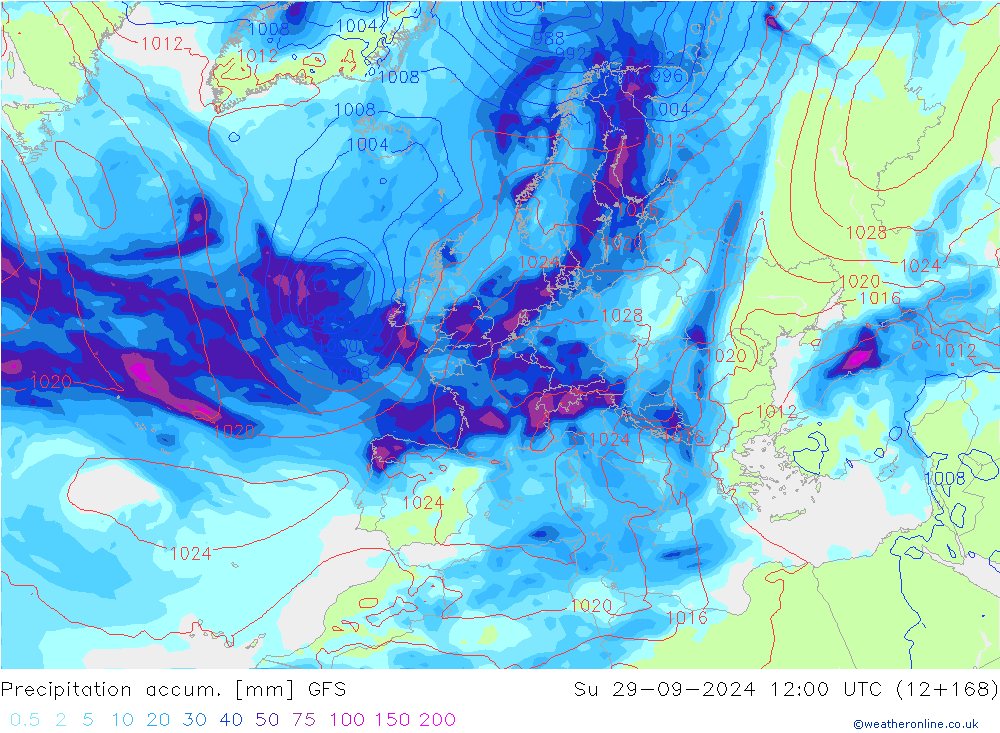 Totale neerslag GFS zo 29.09.2024 12 UTC