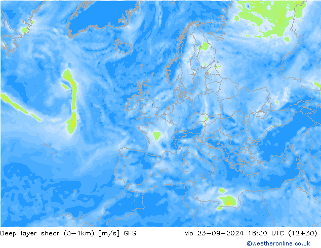 Deep layer shear (0-1km) GFS Mo 23.09.2024 18 UTC