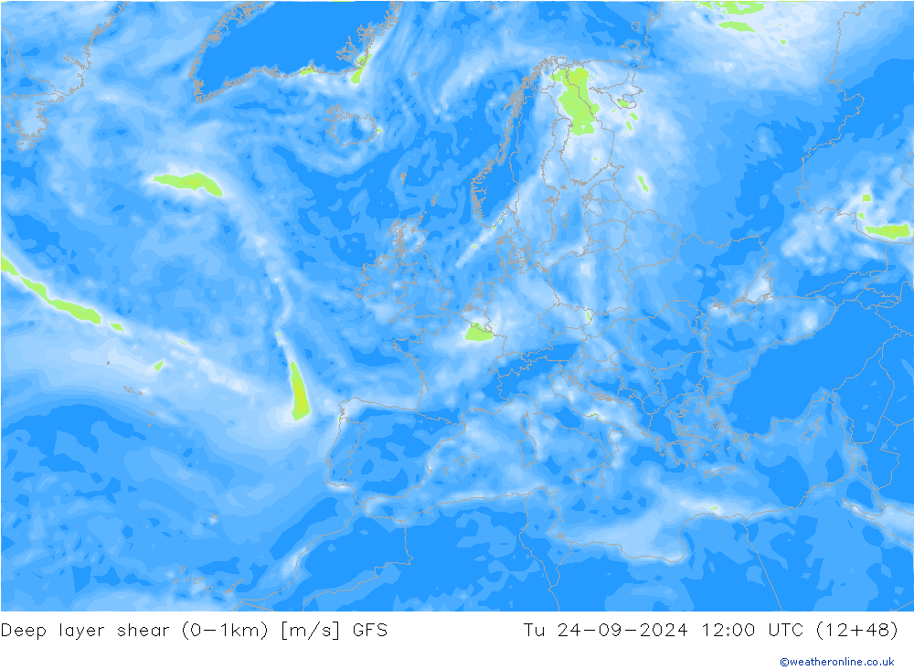 Deep layer shear (0-1km) GFS di 24.09.2024 12 UTC