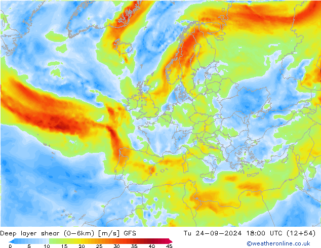 Deep layer shear (0-6km) GFS Tu 24.09.2024 18 UTC