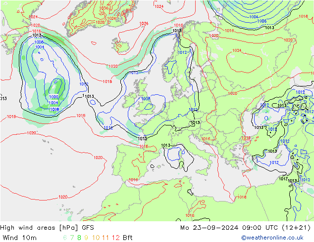 High wind areas GFS lun 23.09.2024 09 UTC