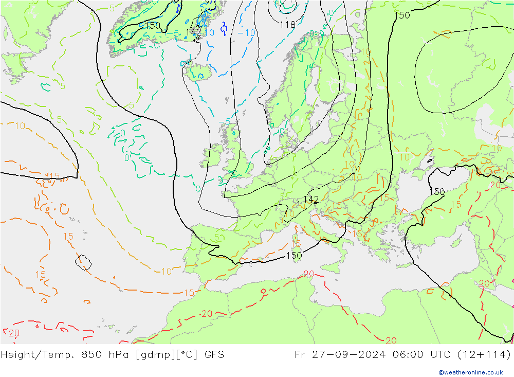 Height/Temp. 850 hPa GFS Pá 27.09.2024 06 UTC