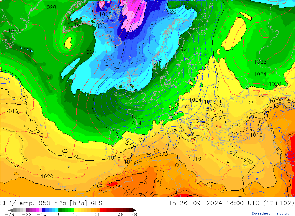 SLP/Temp. 850 hPa GFS  26.09.2024 18 UTC