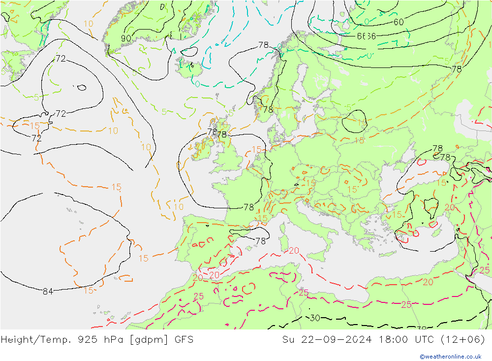 Height/Temp. 925 hPa GFS dom 22.09.2024 18 UTC