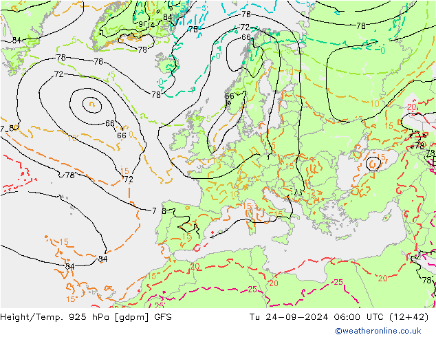 Height/Temp. 925 hPa GFS Di 24.09.2024 06 UTC