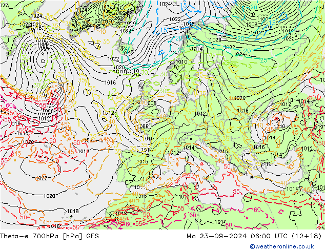 Theta-e 700hPa GFS ma 23.09.2024 06 UTC