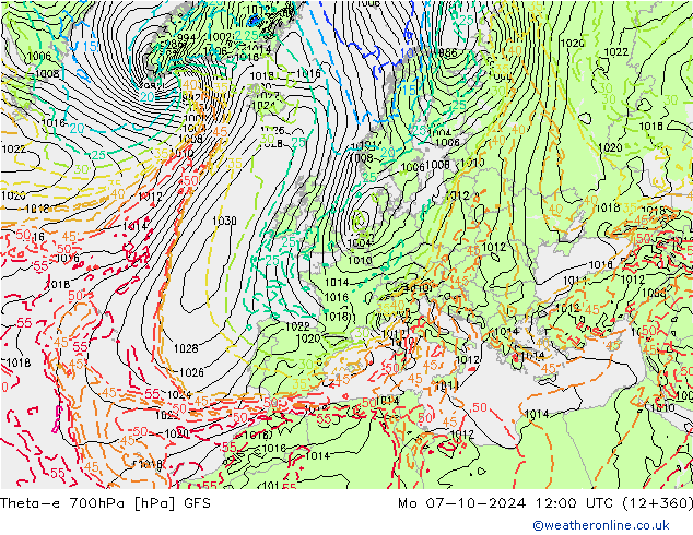 Theta-e 700hPa GFS ma 07.10.2024 12 UTC