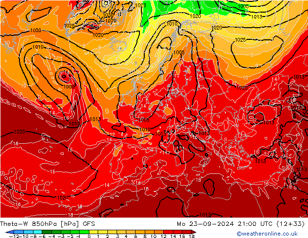 Theta-W 850hPa GFS Mo 23.09.2024 21 UTC