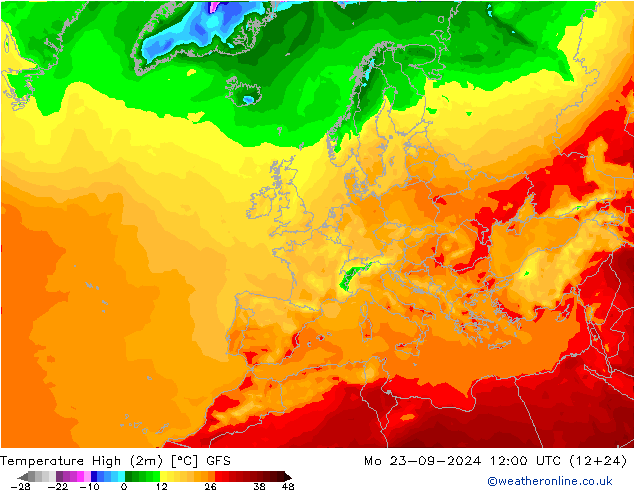 Temp. massima (2m) GFS lun 23.09.2024 12 UTC