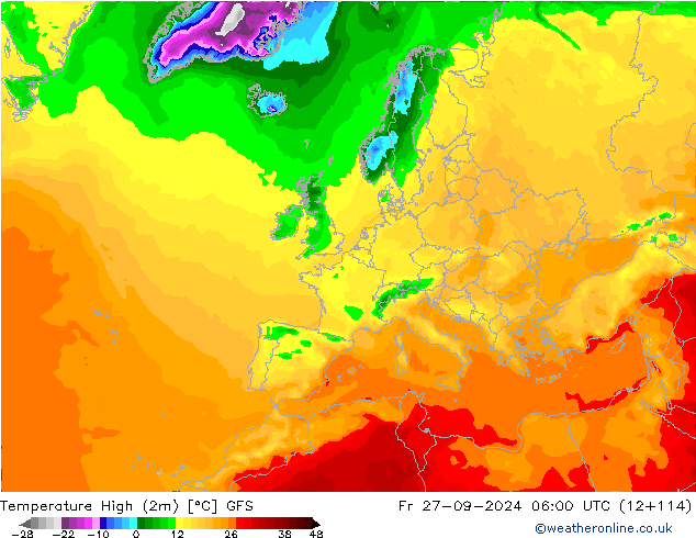 Temperatura máx. (2m) GFS vie 27.09.2024 06 UTC