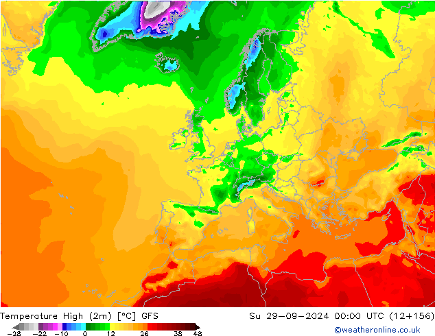 Temperatura máx. (2m) GFS dom 29.09.2024 00 UTC