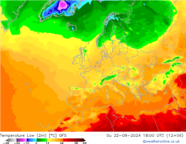 Temperature Low (2m) GFS 星期日 22.09.2024 18 UTC