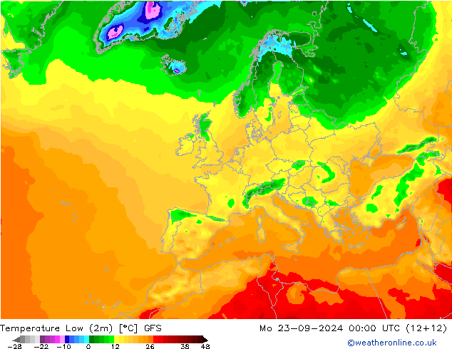 Temperature Low (2m) GFS Mo 23.09.2024 00 UTC