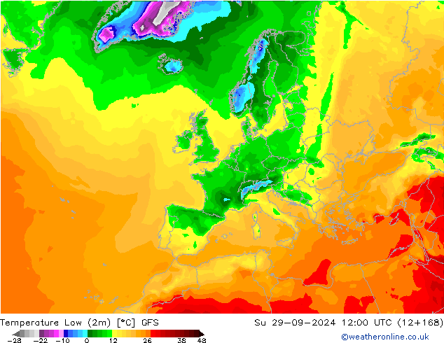 Temperatura mín. (2m) GFS dom 29.09.2024 12 UTC