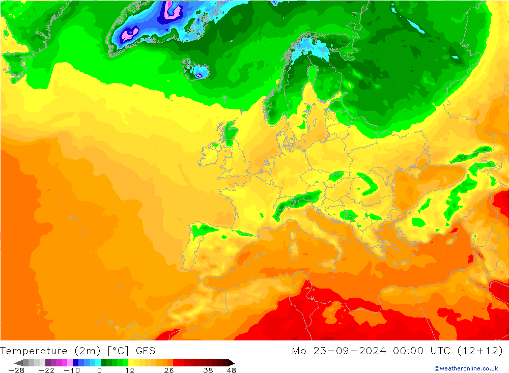 Temperatuurkaart (2m) GFS ma 23.09.2024 00 UTC