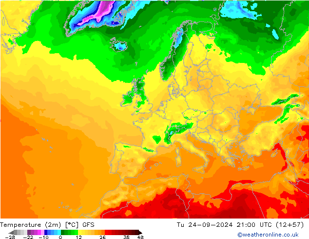 Temperatura (2m) GFS Ter 24.09.2024 21 UTC