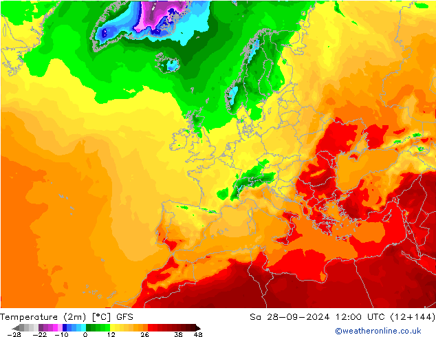 mapa temperatury (2m) GFS so. 28.09.2024 12 UTC