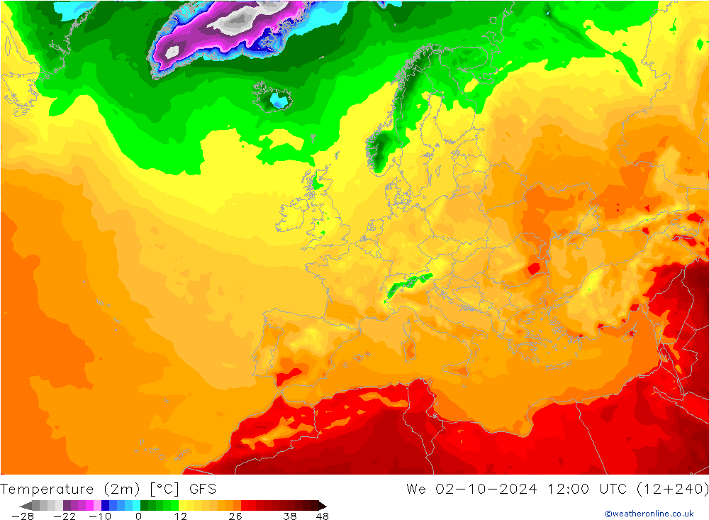 température (2m) GFS mer 02.10.2024 12 UTC