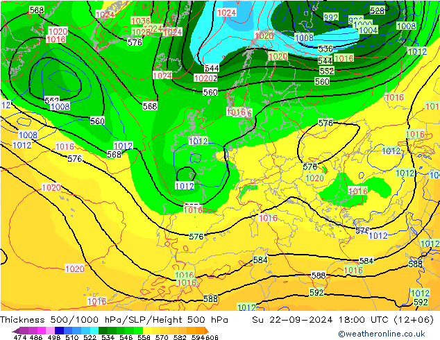 Dikte 500-1000hPa GFS zo 22.09.2024 18 UTC