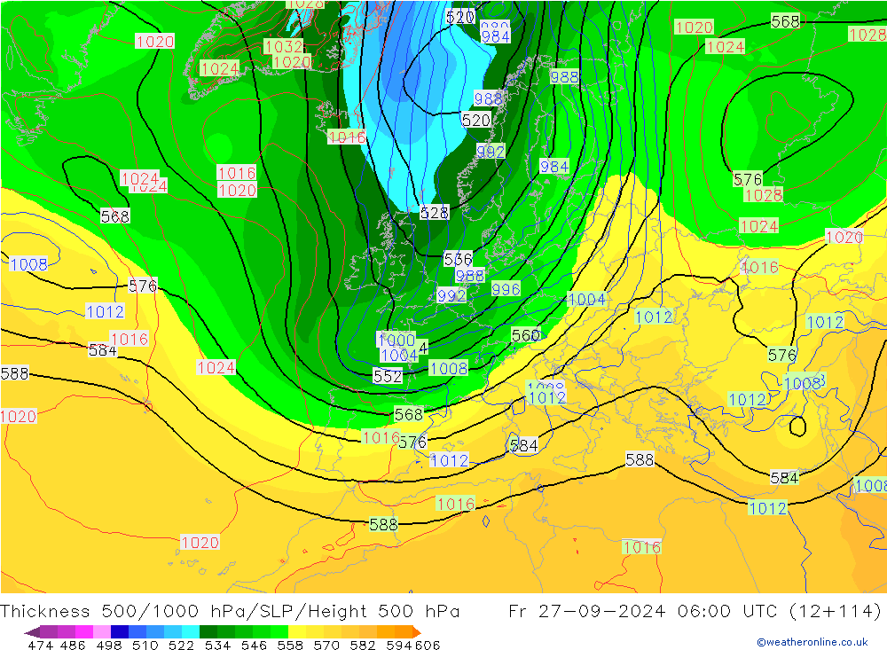 Dikte 500-1000hPa GFS vr 27.09.2024 06 UTC