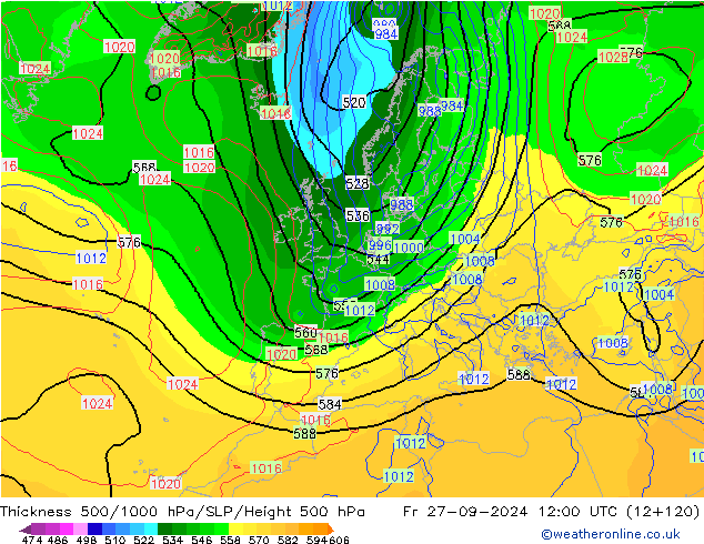 Dikte 500-1000hPa GFS vr 27.09.2024 12 UTC