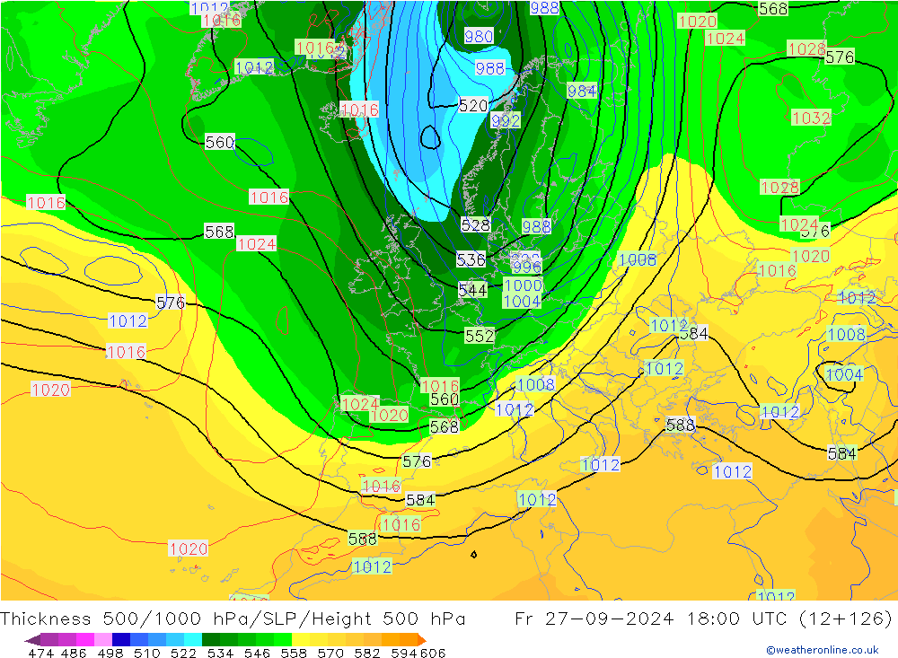 500-1000 hPa Kalınlığı GFS Cu 27.09.2024 18 UTC