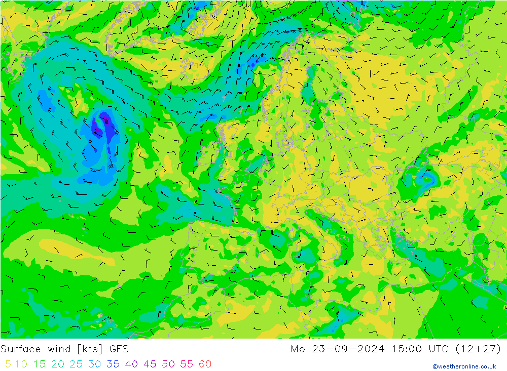 Surface wind GFS Po 23.09.2024 15 UTC