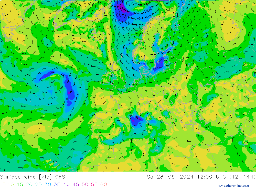 Viento 10 m GFS sáb 28.09.2024 12 UTC