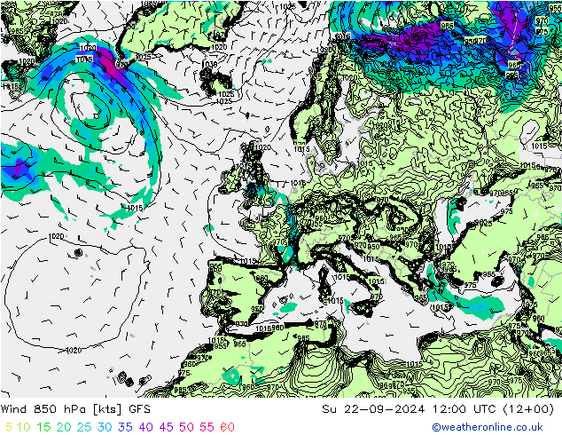 Viento 850 hPa GFS dom 22.09.2024 12 UTC