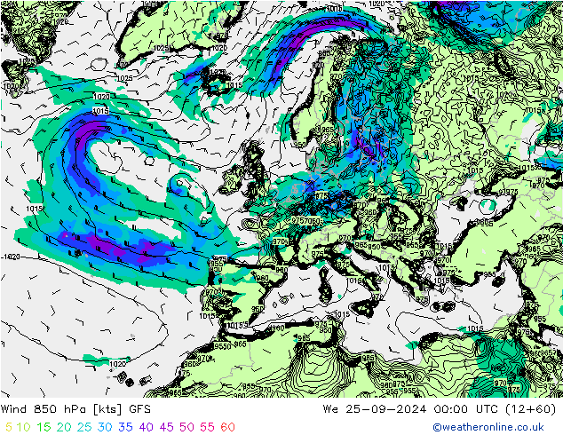 Viento 850 hPa GFS mié 25.09.2024 00 UTC