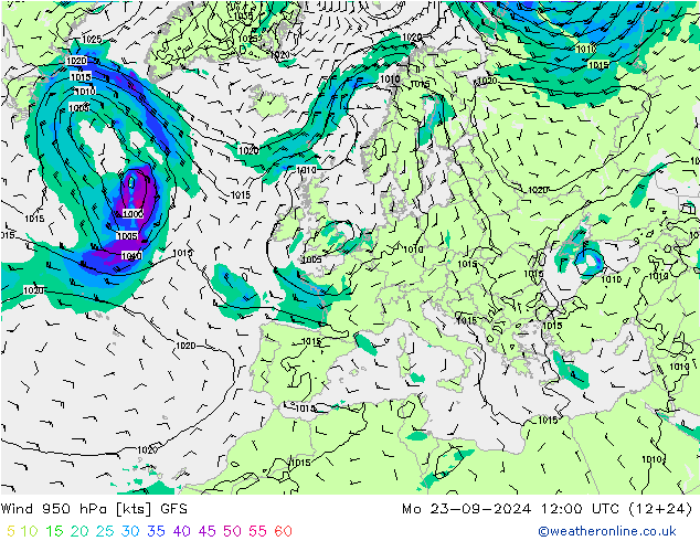 Vento 950 hPa GFS lun 23.09.2024 12 UTC