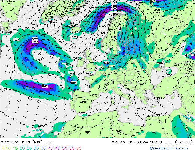 Wind 950 hPa GFS We 25.09.2024 00 UTC