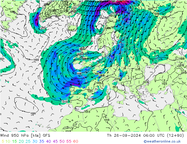 Vento 950 hPa GFS Qui 26.09.2024 06 UTC