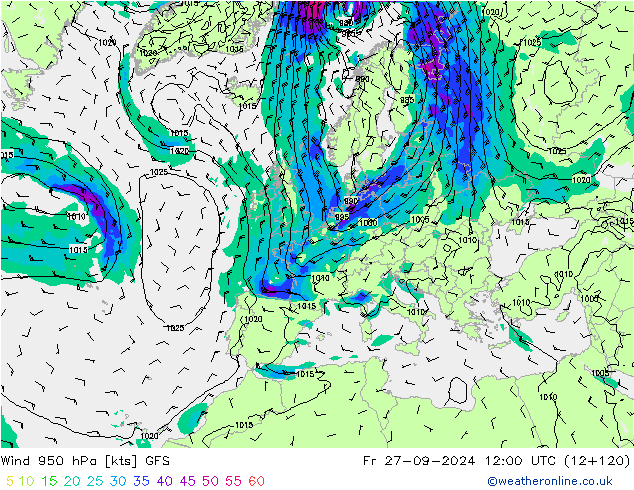 Wind 950 hPa GFS Fr 27.09.2024 12 UTC