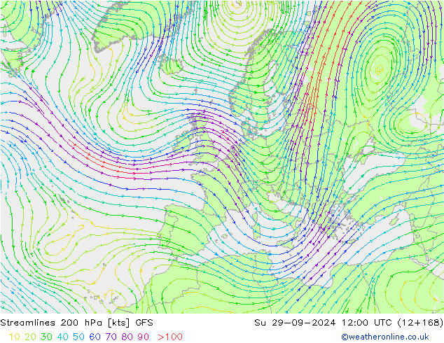 Stromlinien 200 hPa GFS So 29.09.2024 12 UTC