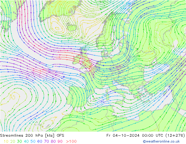 Stroomlijn 200 hPa GFS vr 04.10.2024 00 UTC