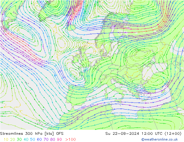 Streamlines 300 hPa GFS Su 22.09.2024 12 UTC