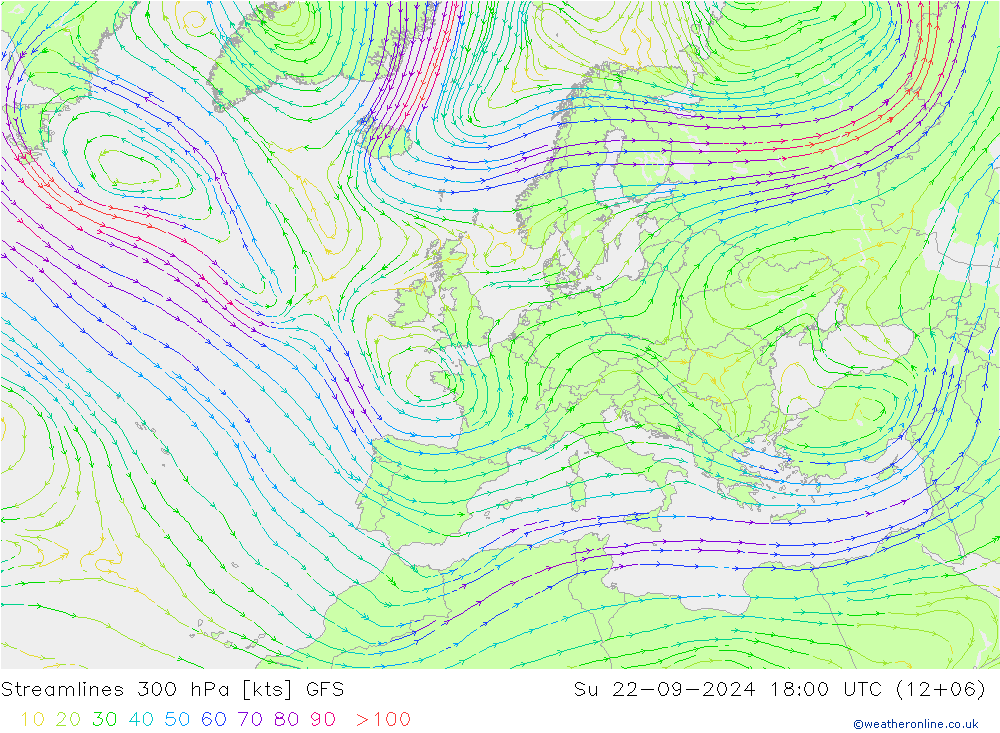 Línea de corriente 300 hPa GFS dom 22.09.2024 18 UTC