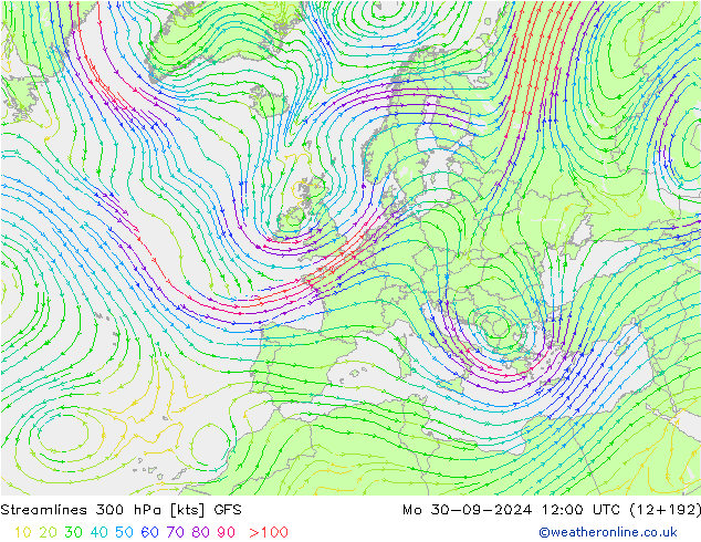 Streamlines 300 hPa GFS Mo 30.09.2024 12 UTC