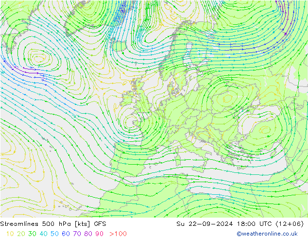 Stromlinien 500 hPa GFS So 22.09.2024 18 UTC