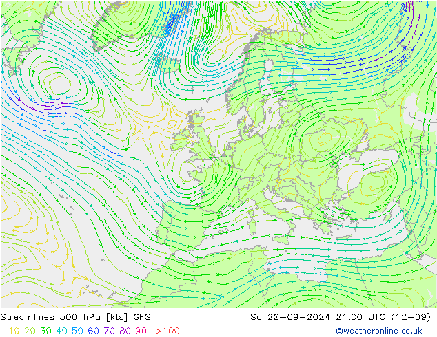 Línea de corriente 500 hPa GFS dom 22.09.2024 21 UTC